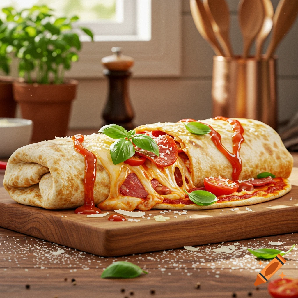 Photorealistic close-up of a large pizza burrito with melted cheese, pepperoni, basil, and sauce on a wooden board.