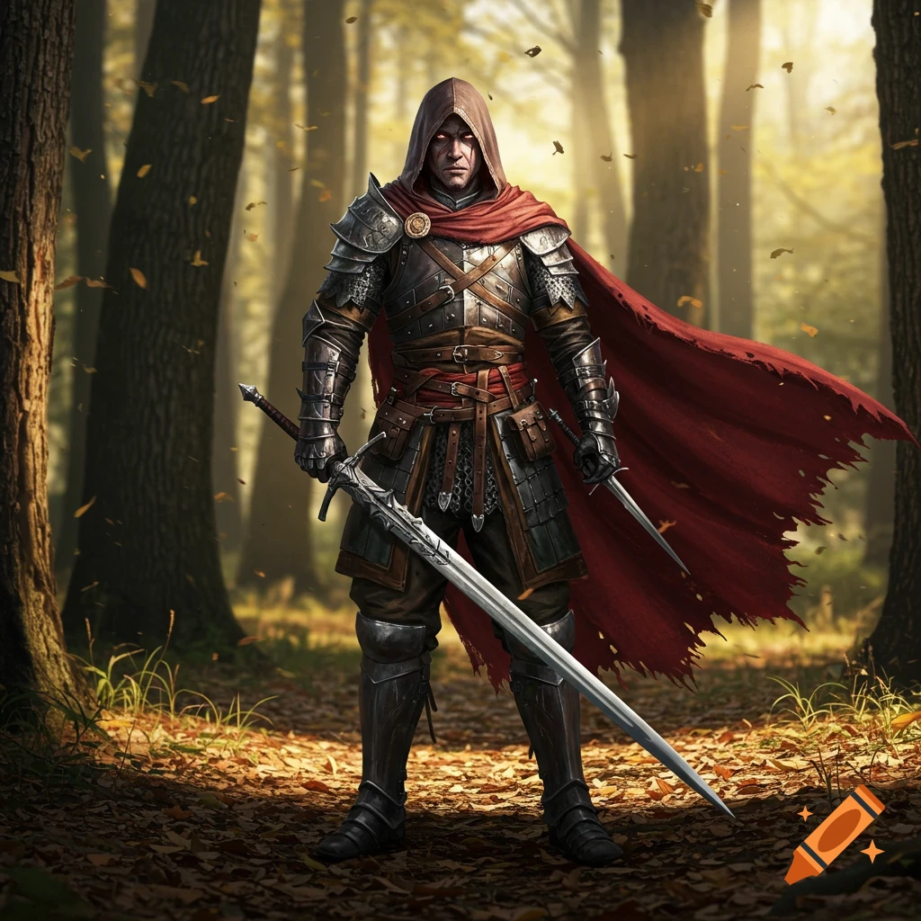 A hooded warrior in dark armor and a red cape, holding a sword and dagger, stands in a sunlit forest with glowing red eyes. Realistic fantasy art.