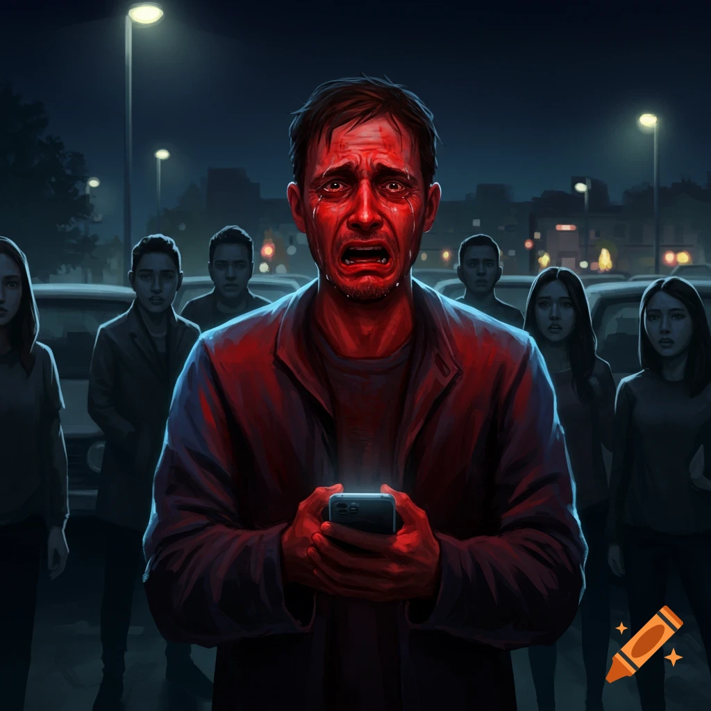 A digitally illustrated, crying man with a red face holds a glowing phone in a dark parking lot, while people stare.