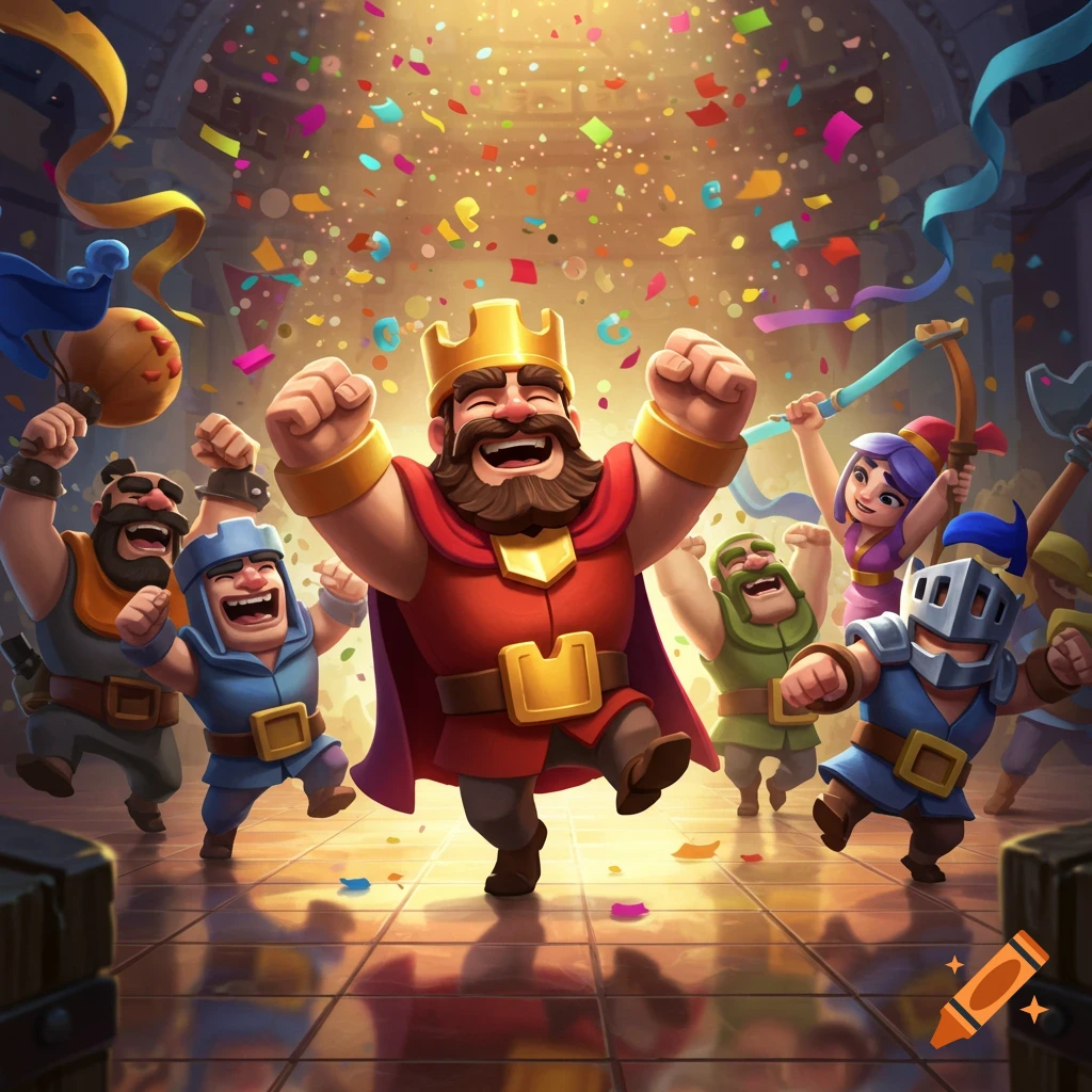Clash Royale characters, including the King, knights, and archers, cheer and dance as confetti falls in a brightly lit arena.