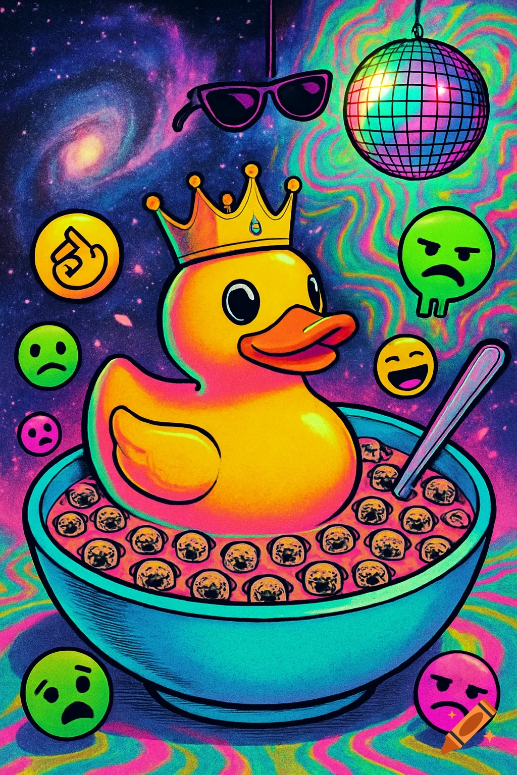 A psychedelic cartoon of a crowned rubber duck in cereal with emoji faces, a disco ball, and a galaxy background.