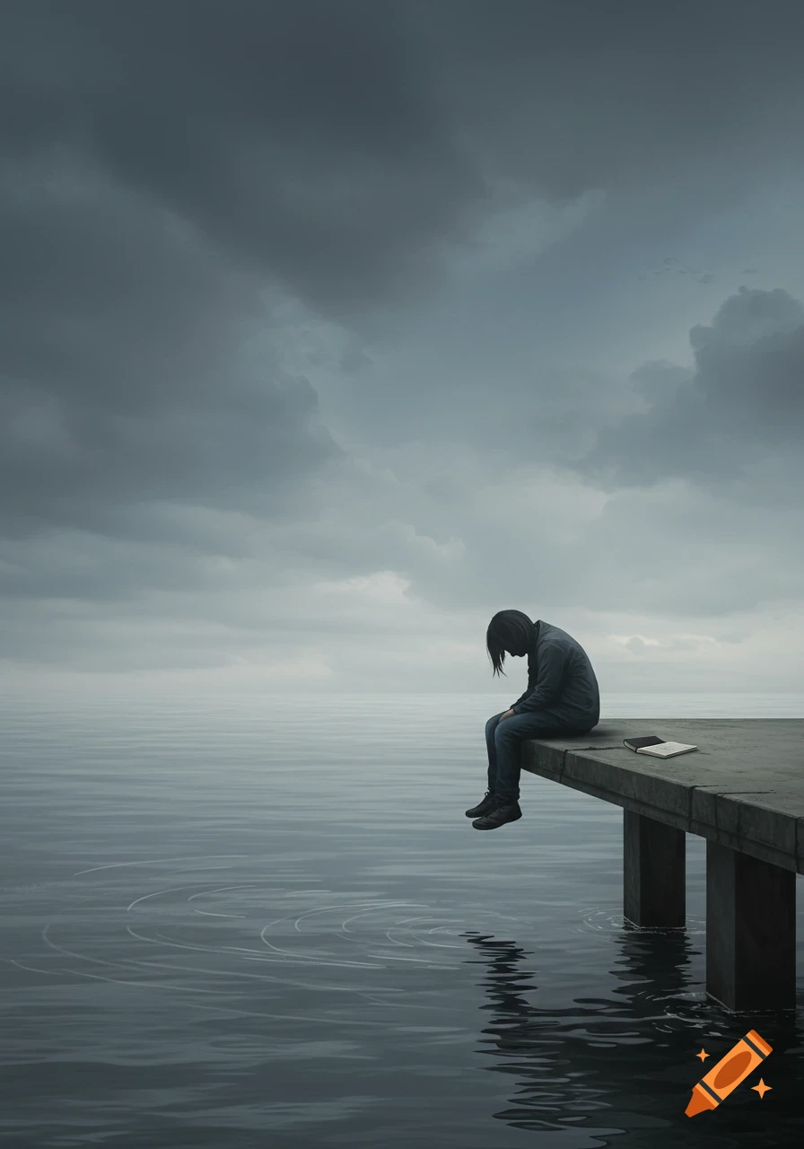 A lone person sits on a pier, looking down at dark water under a cloudy sky, evoking a somber mood.