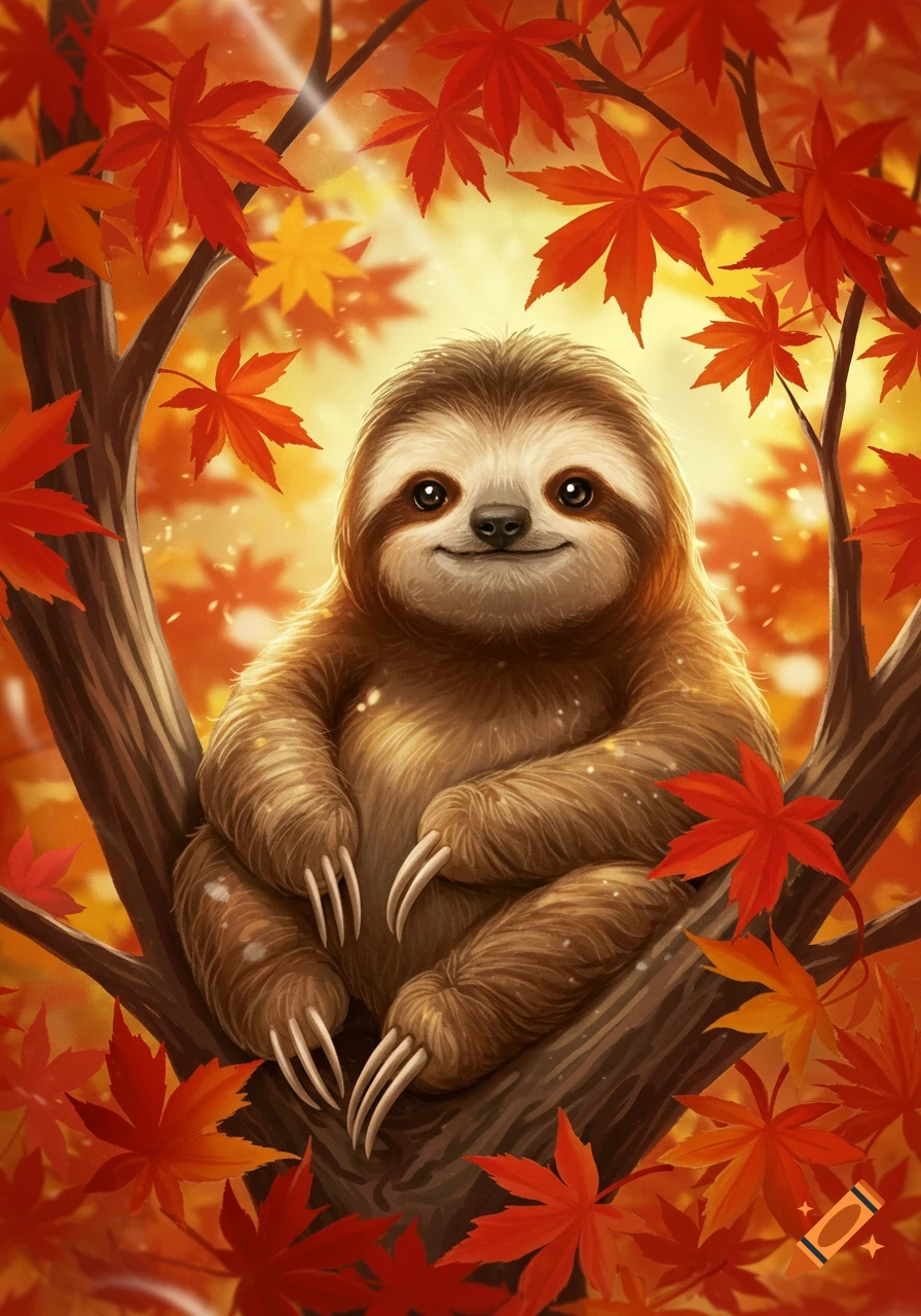 A cute, fluffy sloth sits smiling in a tree, surrounded by bright red and orange autumn leaves in an illustration.