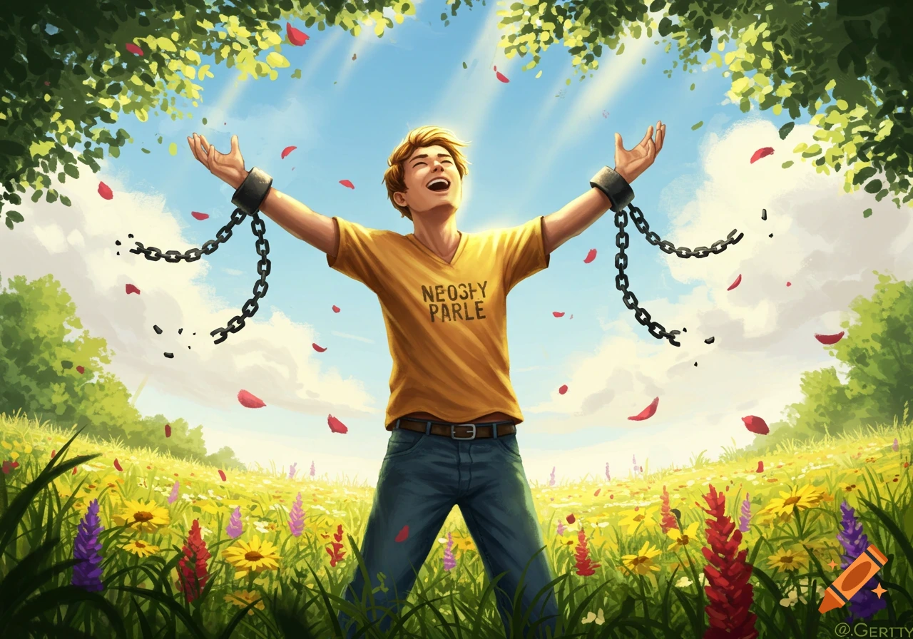 Illustrative painting of a joyous young man breaking free from chains in a vibrant flower field under a sunny sky.