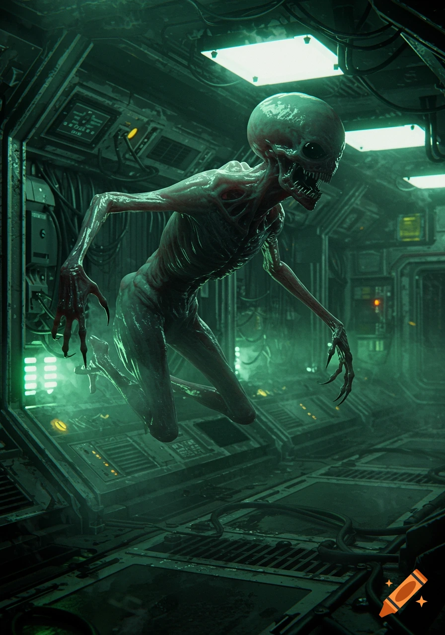 A grotesque, skeletal alien with large eyes and sharp teeth hovers in a dark, green-lit sci-fi spaceship corridor.