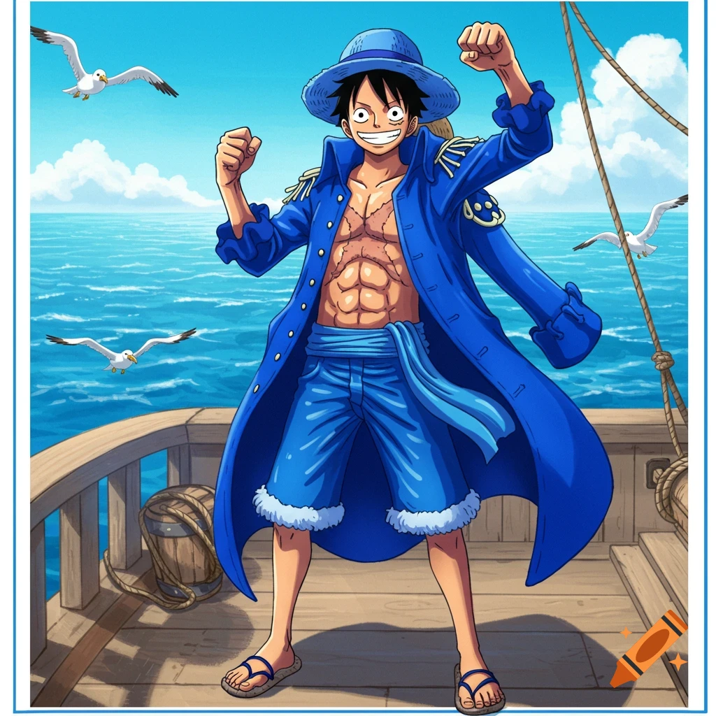 Luffy from One Piece in a blue coat, shorts, and straw hat, posing on a ship deck with seagulls and a blue ocean background in anime style.