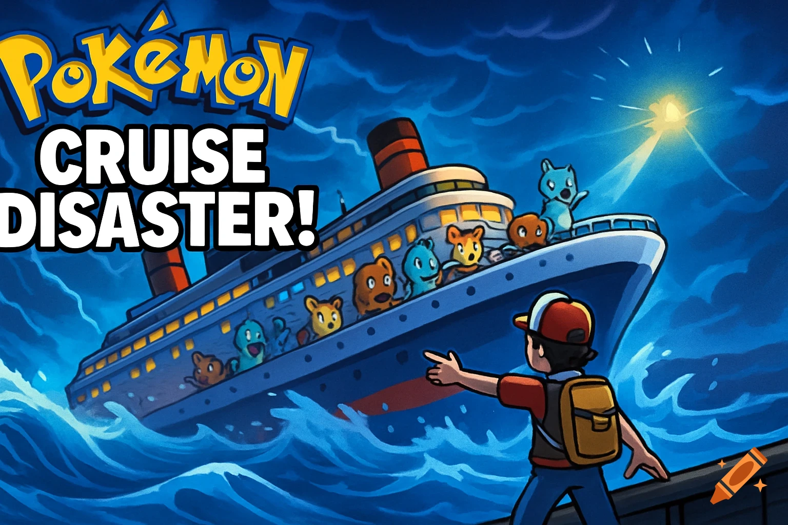 Cartoon of a Pokémon trainer pointing at a sinking cruise ship filled with various Pokémon, under text 'Pokémon CRUISE DISASTER!'.