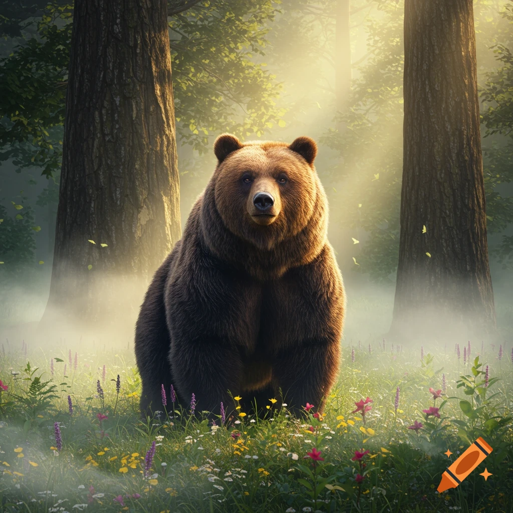 Photorealistic brown bear standing in a misty forest clearing with wildflowers and sunlight filtering through trees.