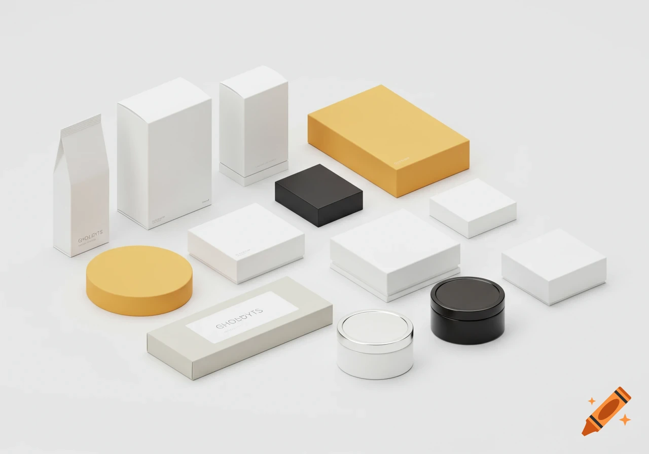 A flat lay arrangement of various white, black, and mustard yellow minimalist packaging boxes and containers on a white background.