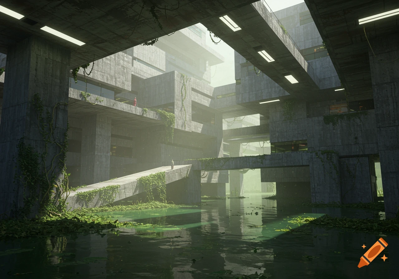 A sprawling brutalist swamp city features concrete buildings overgrown with vines, reflecting in green water under a hazy sky.