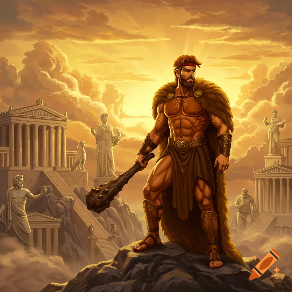 Muscular Hercules with a club stands on a rocky peak, ancient Greek temples under a golden sky, fantasy art.