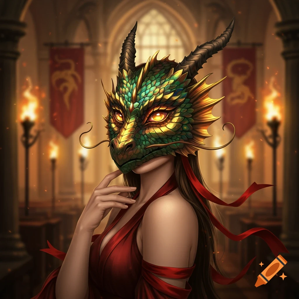 A woman in a red dress wearing an elaborate green and gold dragon mask in a torch-lit gothic hall.