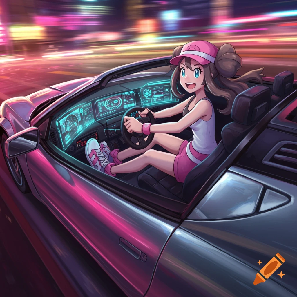 Pokemon character Rosa happily drives a silver convertible car at night with city lights blurring past in an anime style.