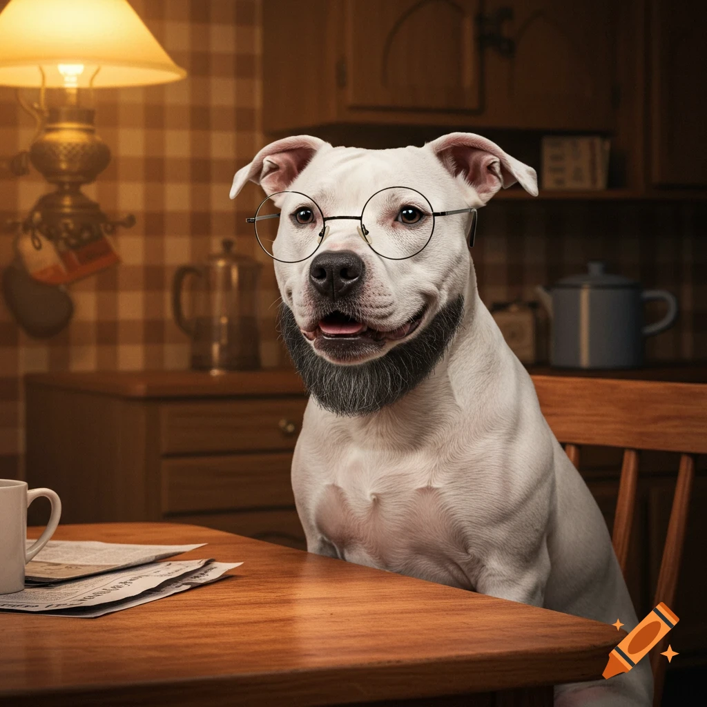 A photorealistic white pitbull dog with round glasses and a black beard sits at a wooden table in a cozy kitchen.
