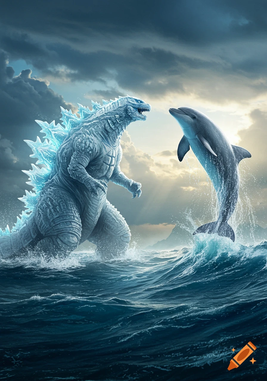 Icy Godzilla-like monster facing off with a leaping dolphin in stormy ocean waters under a dramatic sky, photorealistic.