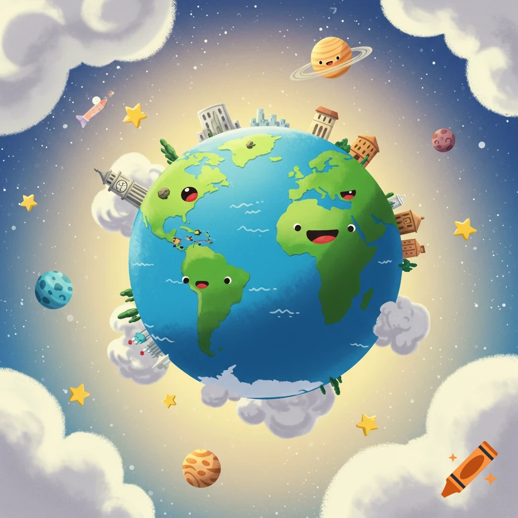 A cartoon world globe with cute smiling faces on its continents, surrounded by fluffy clouds, stars, planets, and tiny city buildings.