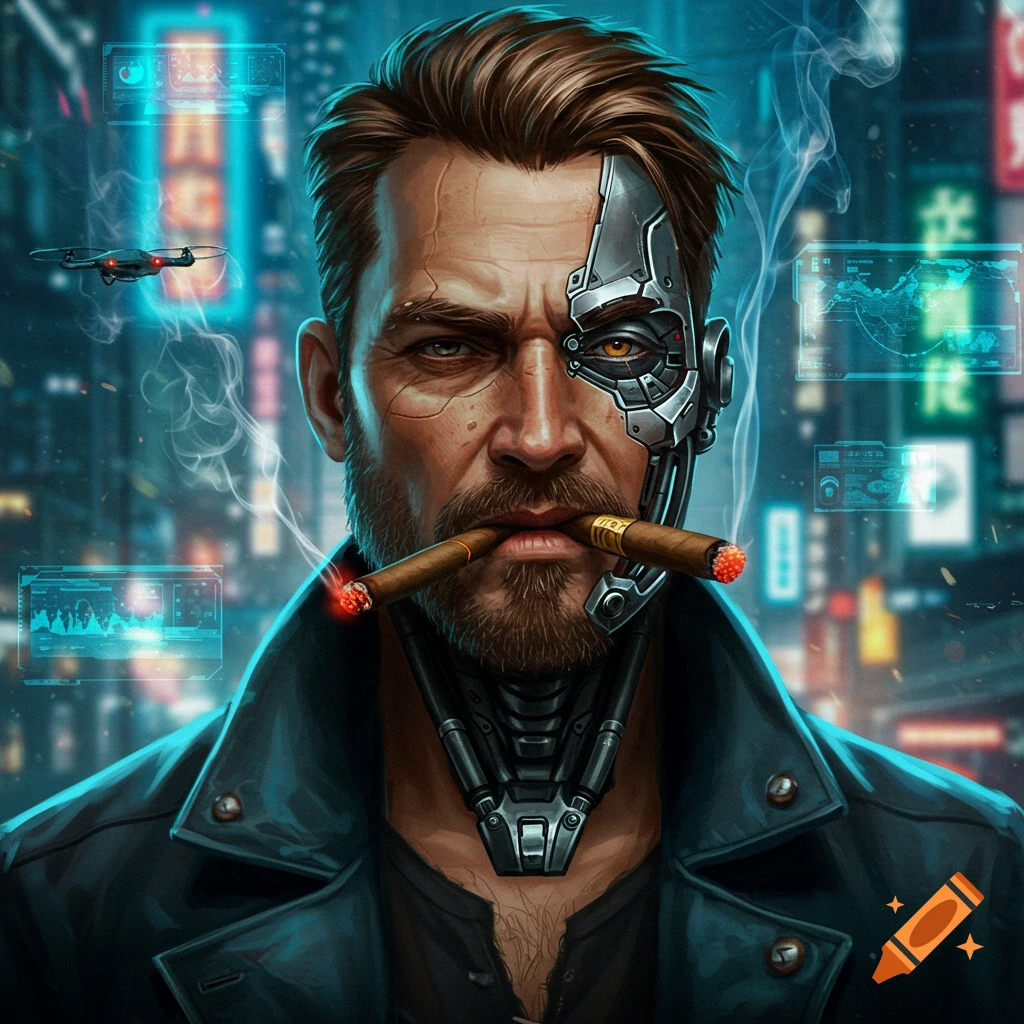 A close-up, highly detailed portrait of a rugged man, half-human, half-cybernetic, smoking two cigars in a glowing cyberpunk city street.