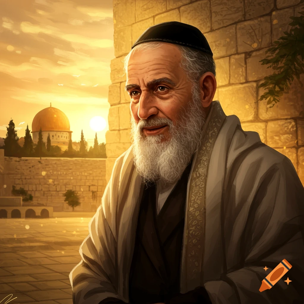 Portrait of an elderly Jewish man with a white beard and kippah, standing outdoors near a stone wall with a golden-domed building at sunset.