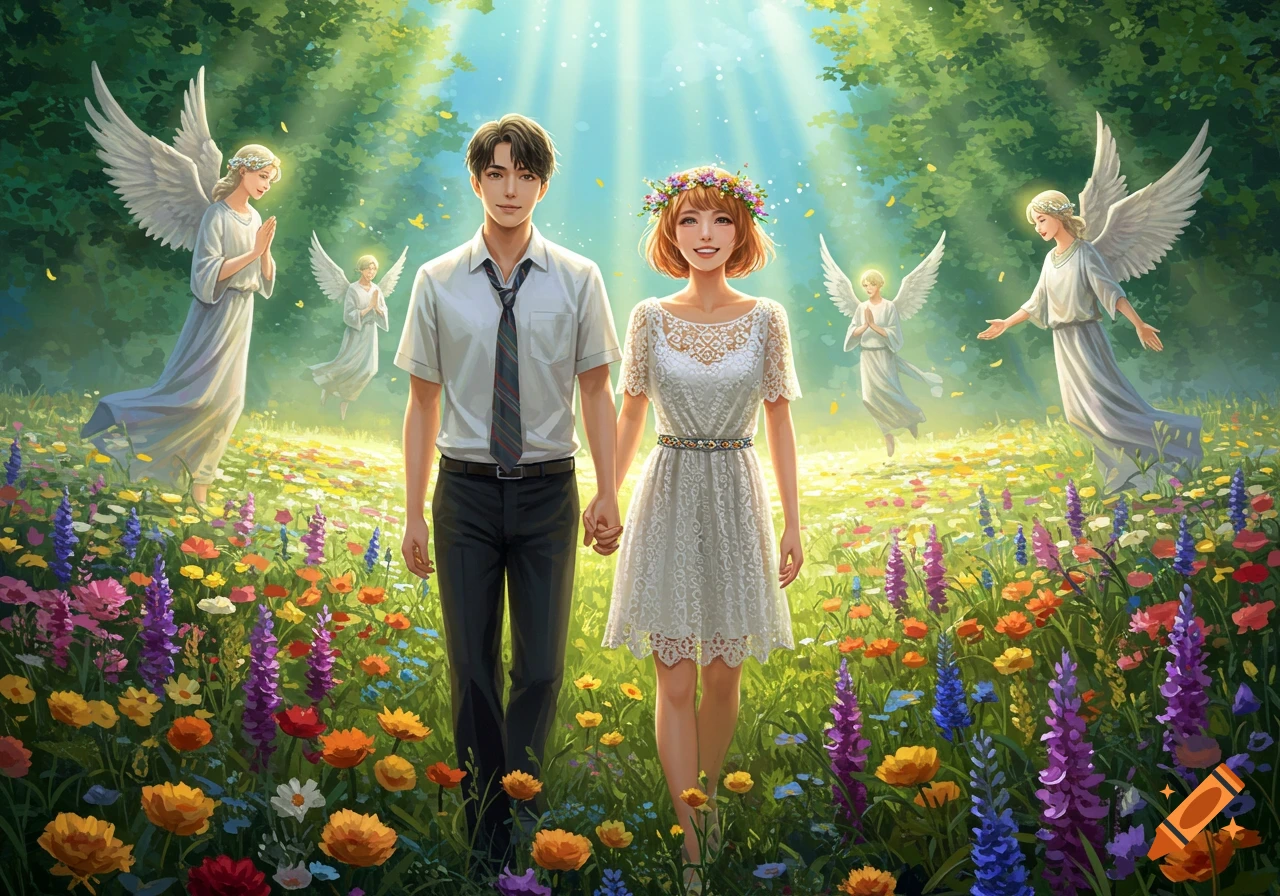 A fantasy art image of a couple holding hands, walking through a vibrant flower field with angels and sunlight.