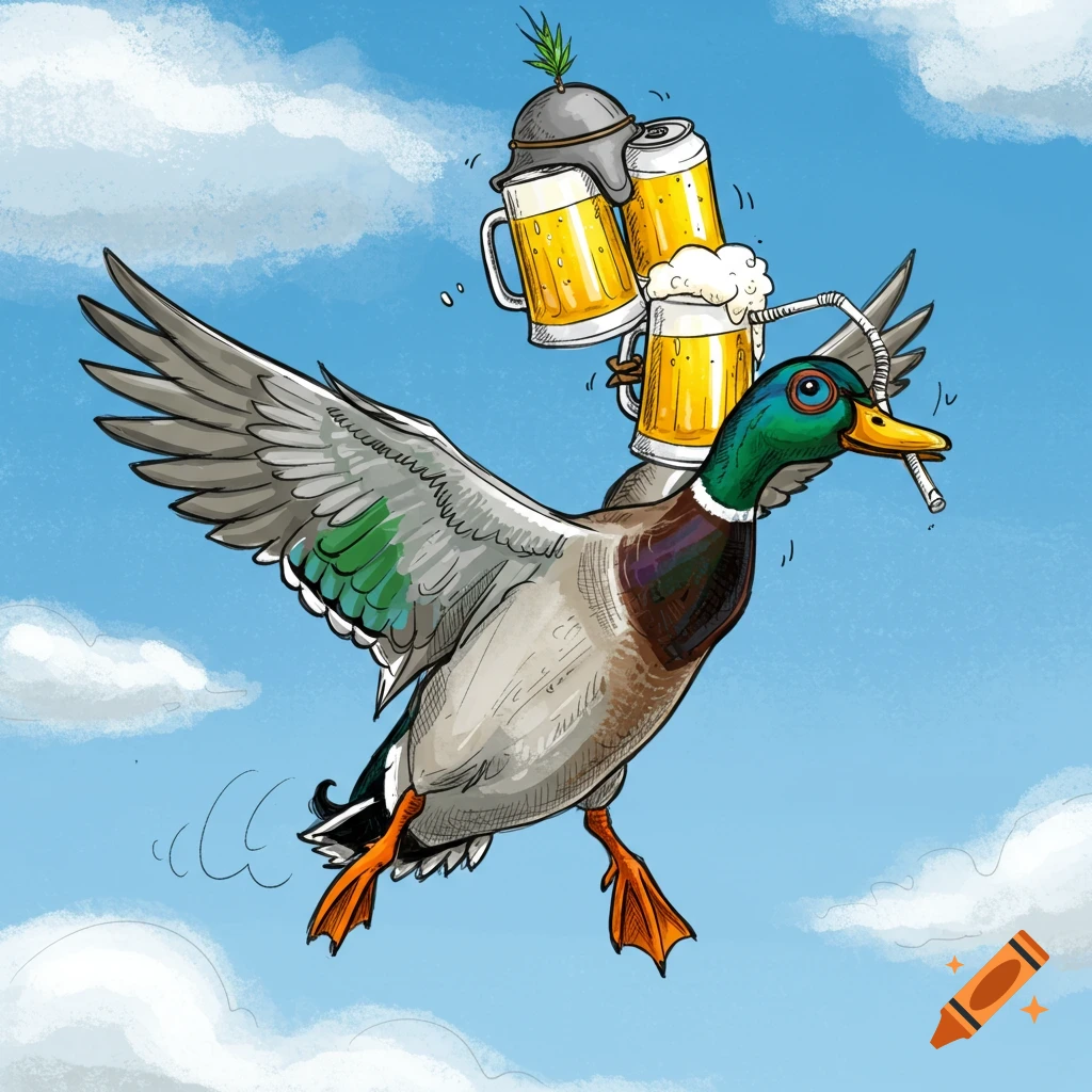 A hand-drawn sketchy mallard duck flying, wearing a beer helmet, and drinking from a straw, looking tipsy.
