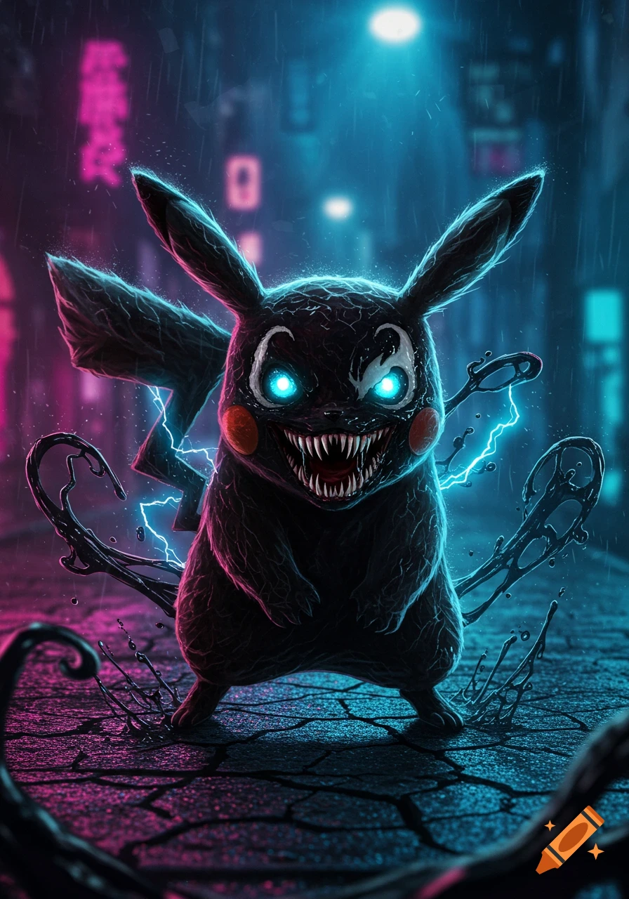 A monstrous, dark Venom-like Pikachu with glowing blue eyes and sharp teeth stands in a neon-lit, rainy cyberpunk alley.