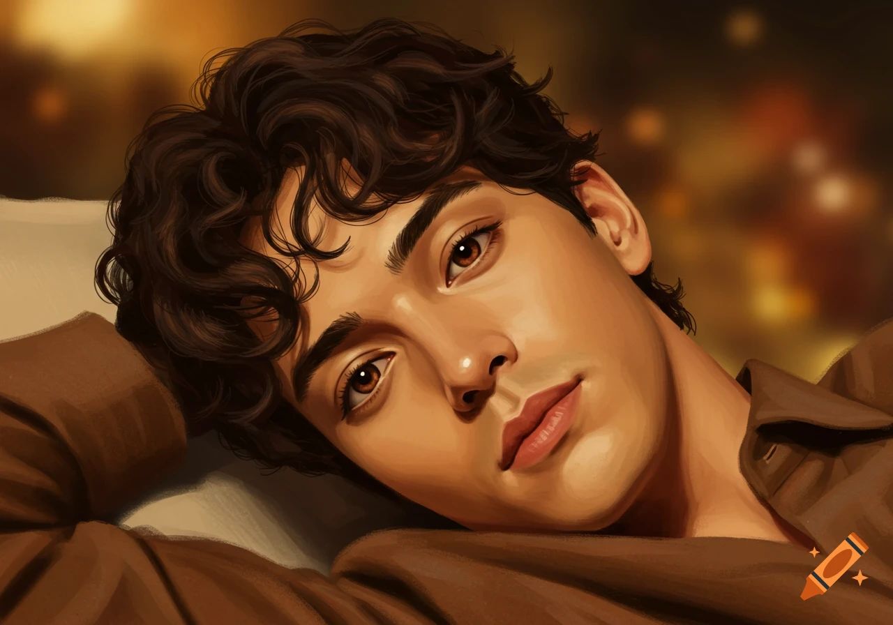 Close-up digital painting of a young man with dark wavy hair and brown eyes, resting his head on a pillow against a warm, blurred background.
