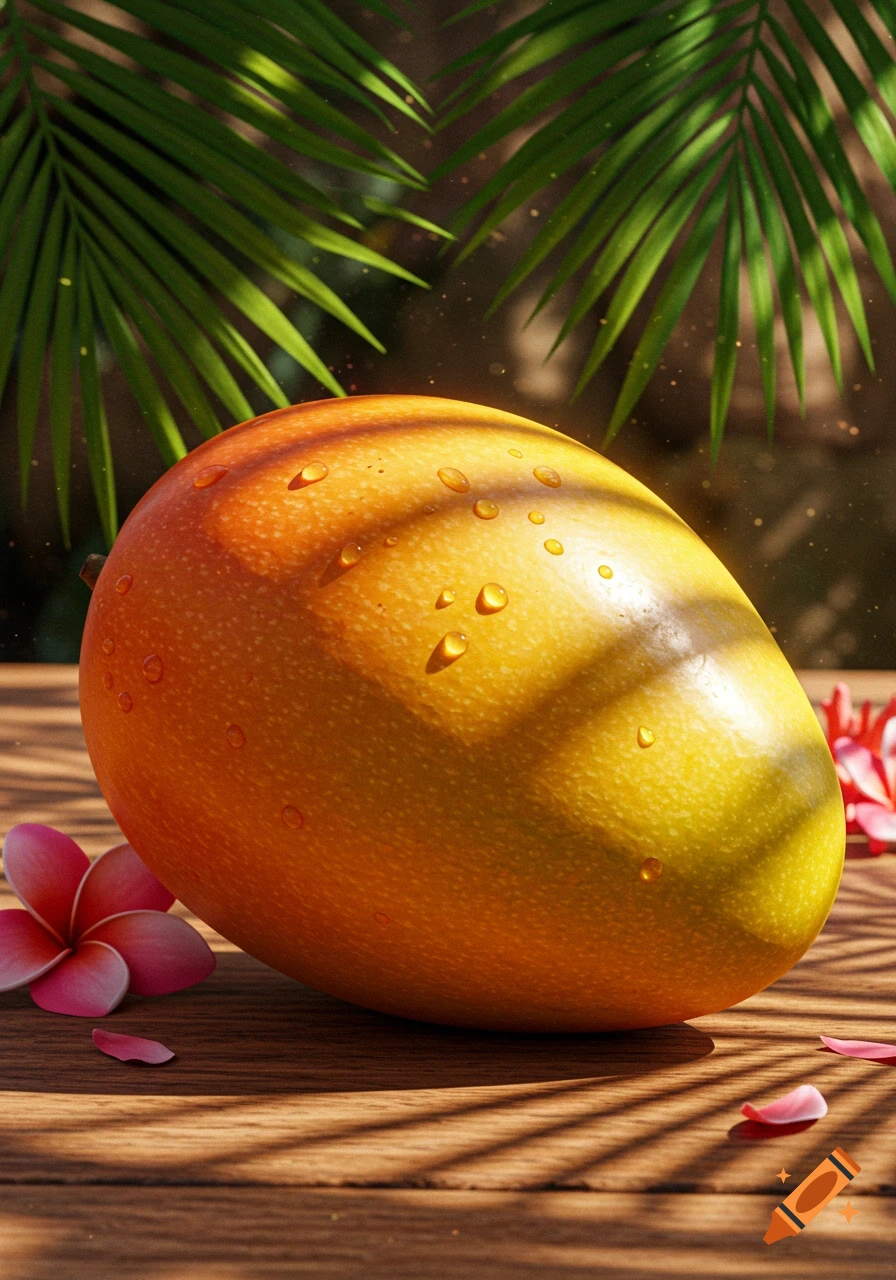 A photorealistic close-up of a ripe, orange and yellow mango with water droplets on a wooden surface, with pink flowers and palm leaves in the background.