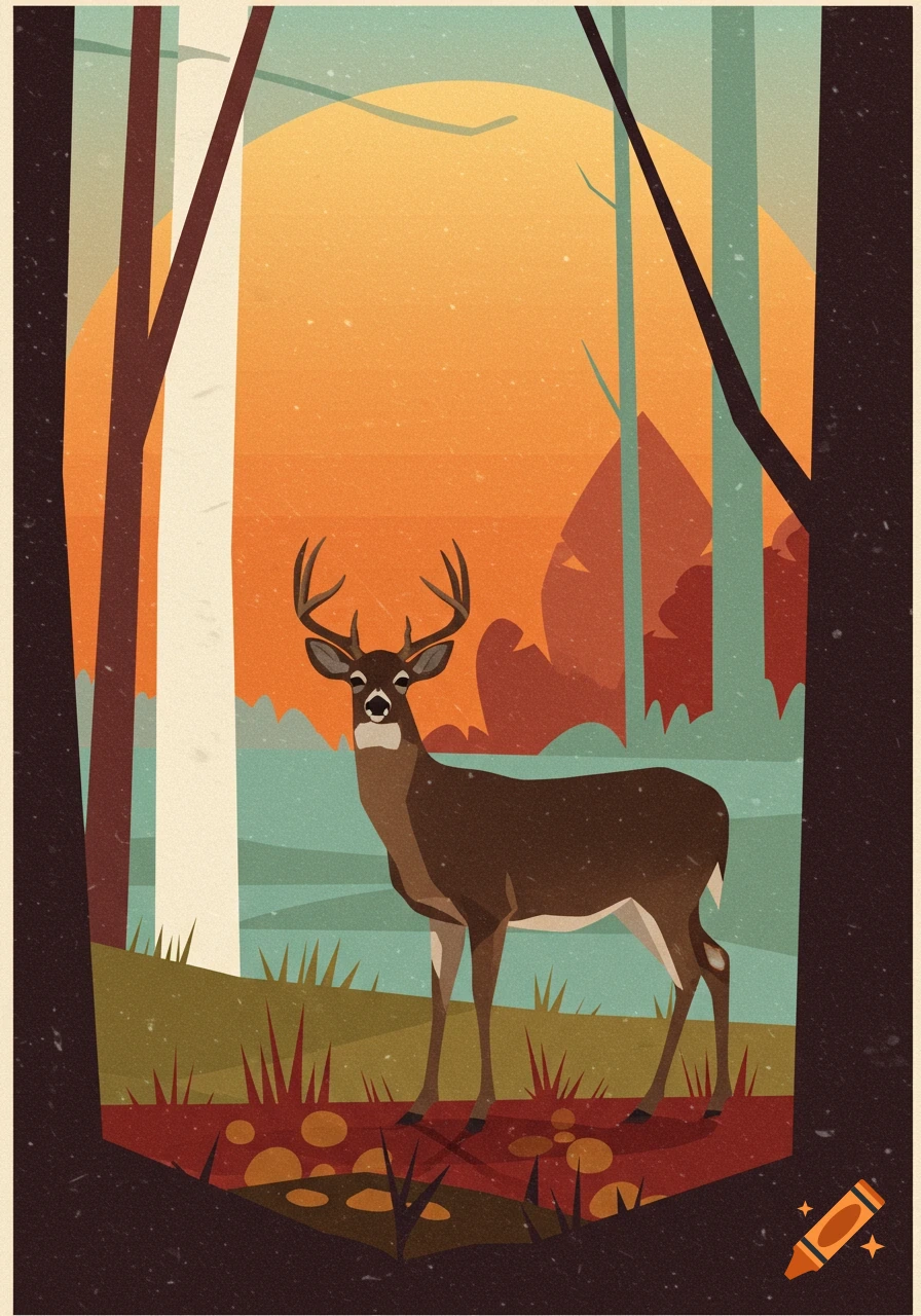 A minimalist folk-art illustration of a whitetail deer in an autumn forest with muted earthy tones and weathered texture.
