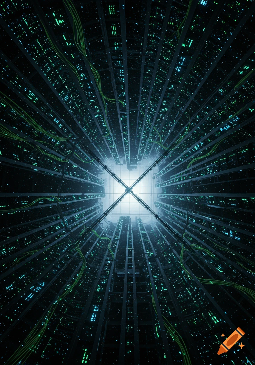 A deep, wide-angle view looking down into a futuristic server room filled with glowing green and blue lights and tangled cables.