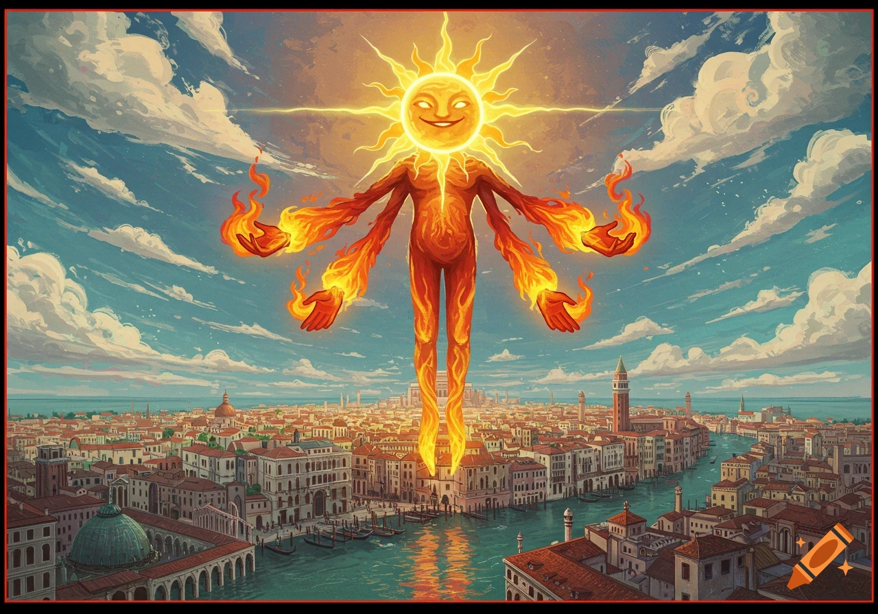 A cartoonish sun-headed, multi-limbed figure with fiery arms and legs floats above a picturesque Italian city with canals, under a blue sky.