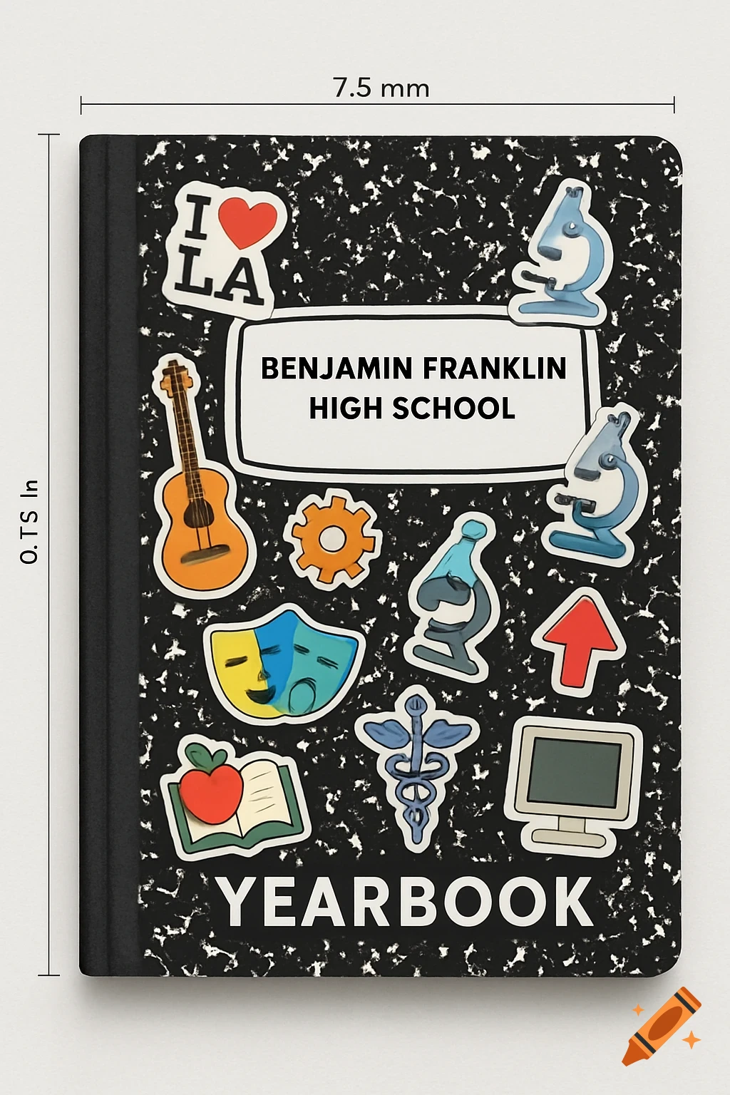 A black and white marbled composition notebook yearbook cover adorned with various stickers and text. Text includes "BENJAMIN FRANKLIN HIGH SCHOOL", "I ❤️ LA", and "YEARBOOK".