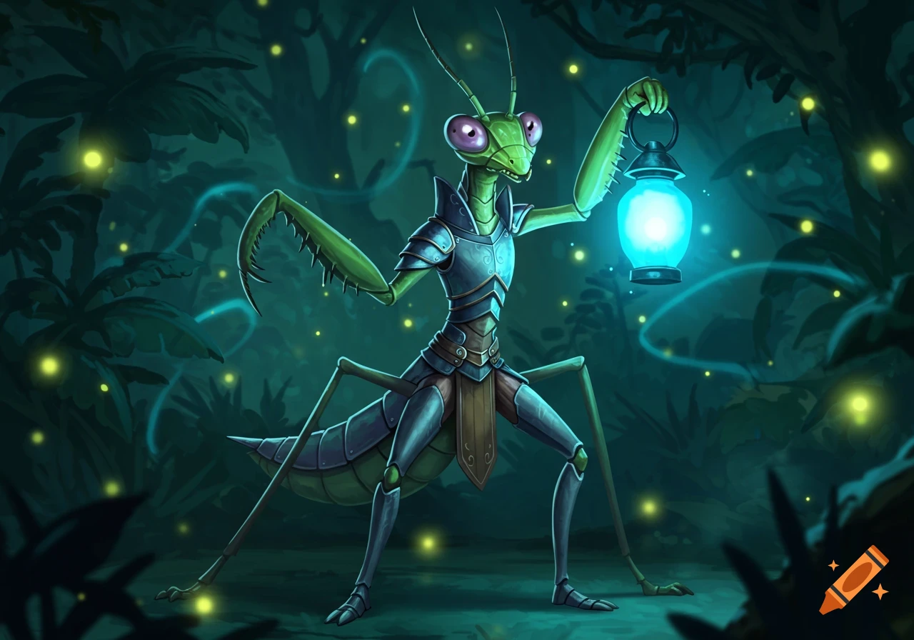 A cartoon praying mantis in armor holds a glowing blue lantern in a dark, magical forest with fireflies.