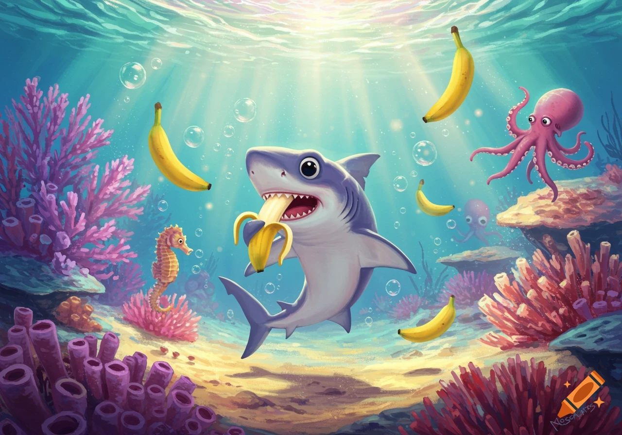 Bright cartoon illustration of a baby shark eating a banana underwater, surrounded by coral, a seahorse, octopuses, and floating bananas.