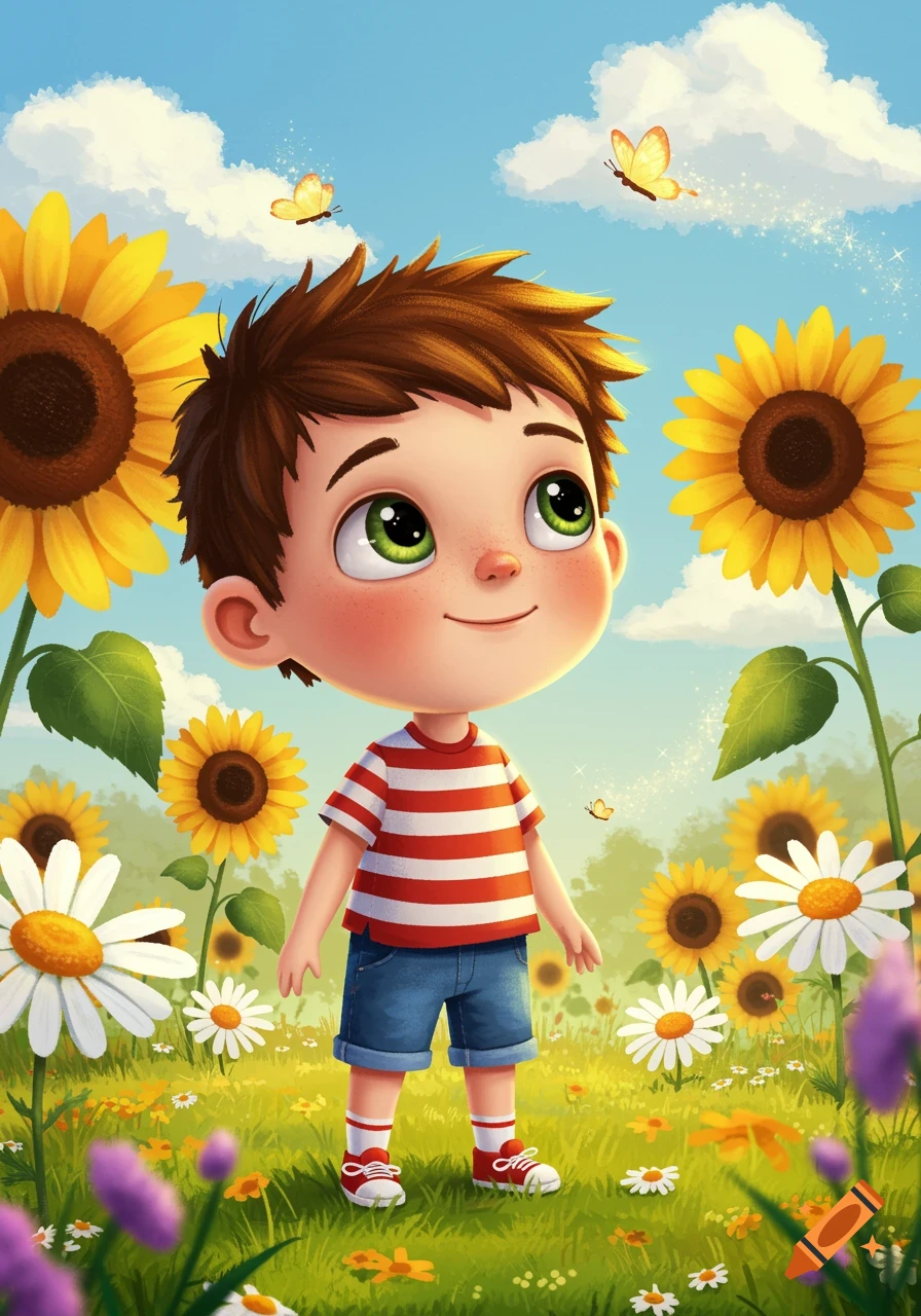 A cheerful cartoon boy with green eyes stands in a vibrant field of sunflowers and daisies, looking up at butterflies in a blue sky.