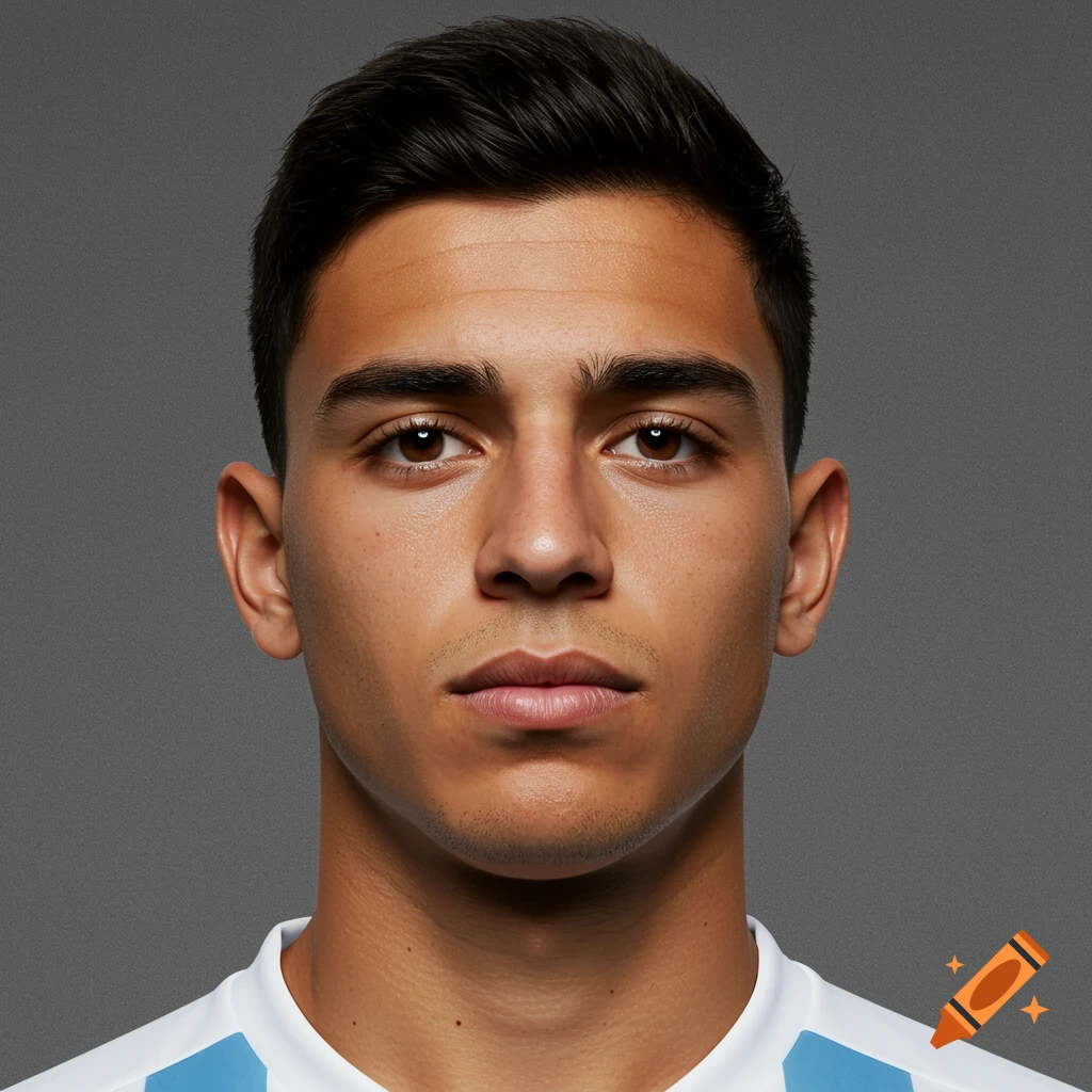 Close-up photorealistic portrait of a young man with dark hair and brown eyes, wearing a white and light blue sports jersey.
