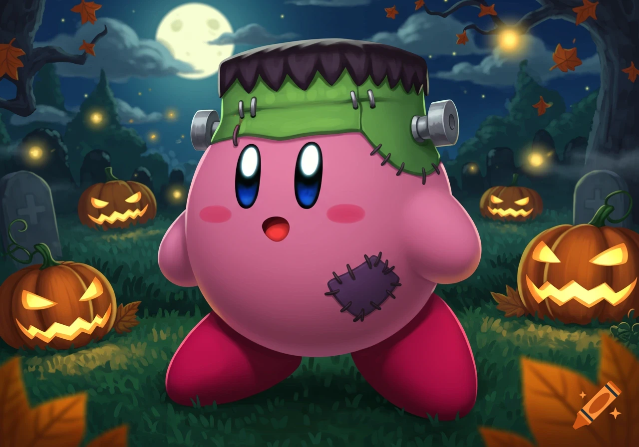 Pink Kirby dressed as Frankenstein's monster stands in a graveyard at night with glowing jack-o'-lanterns under a full moon.