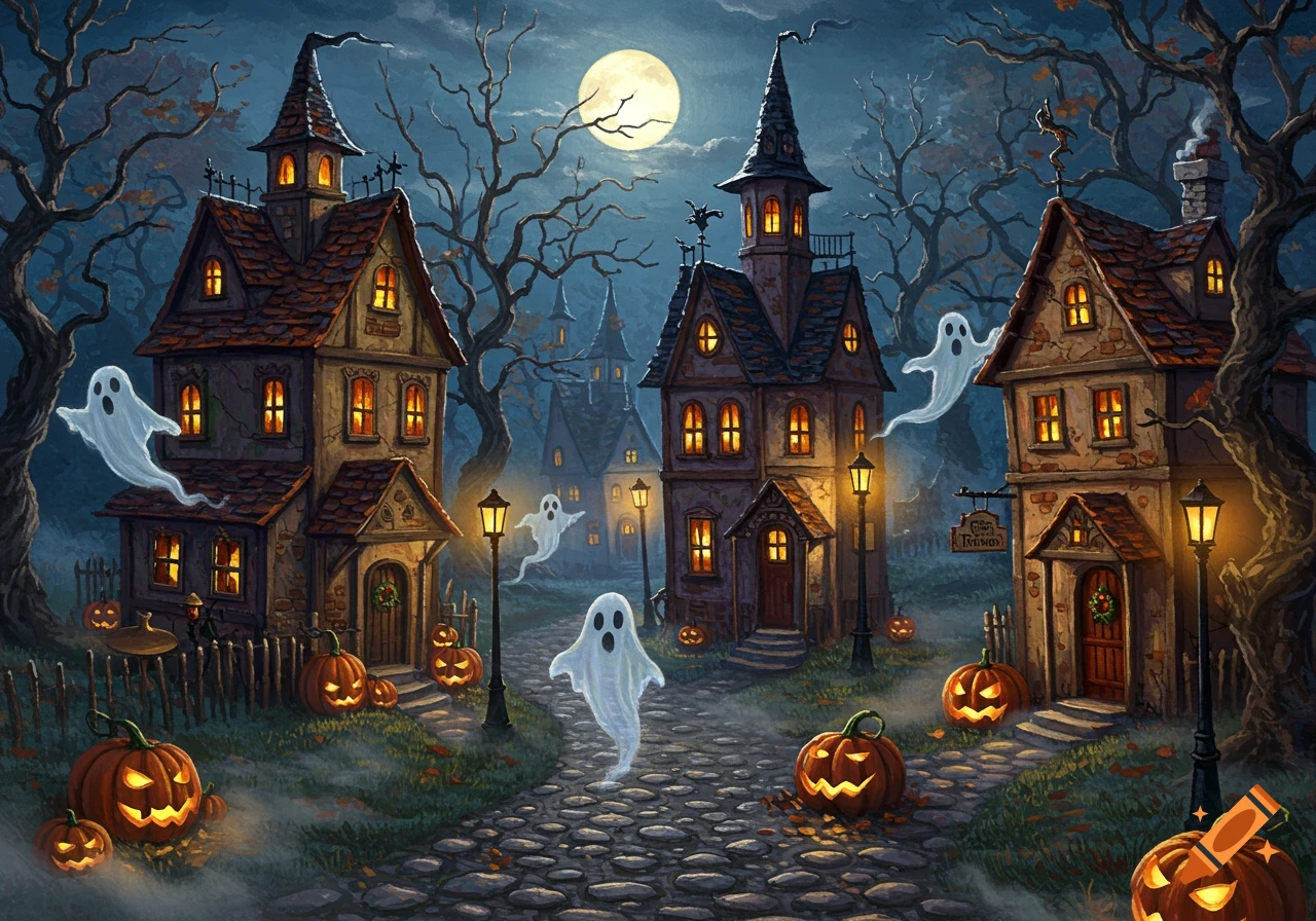 A spooky Halloween village at night with glowing jack-o'-lanterns, haunted houses, bare trees, and translucent ghosts floating along cobblestone paths under a full moon. Oil painting style.