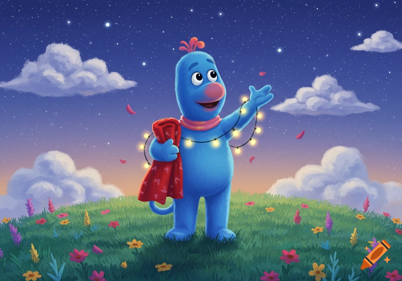 A blue cartoon creature with a red nose and scarf stands on a grassy hill, holding string lights and a red blanket under a starry night sky.