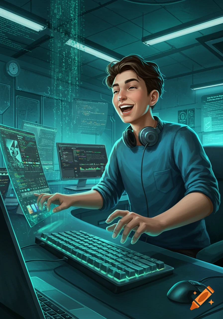 Excited young male computer technician with headphones working on multiple futuristic screens in a glowing teal-lit room.