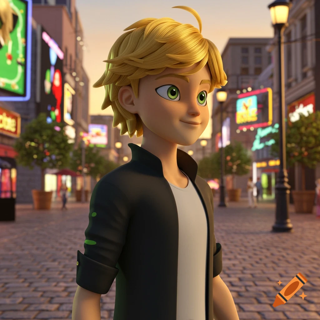A blonde animated boy with green eyes, wearing a black jacket, smiles subtly on a city street.