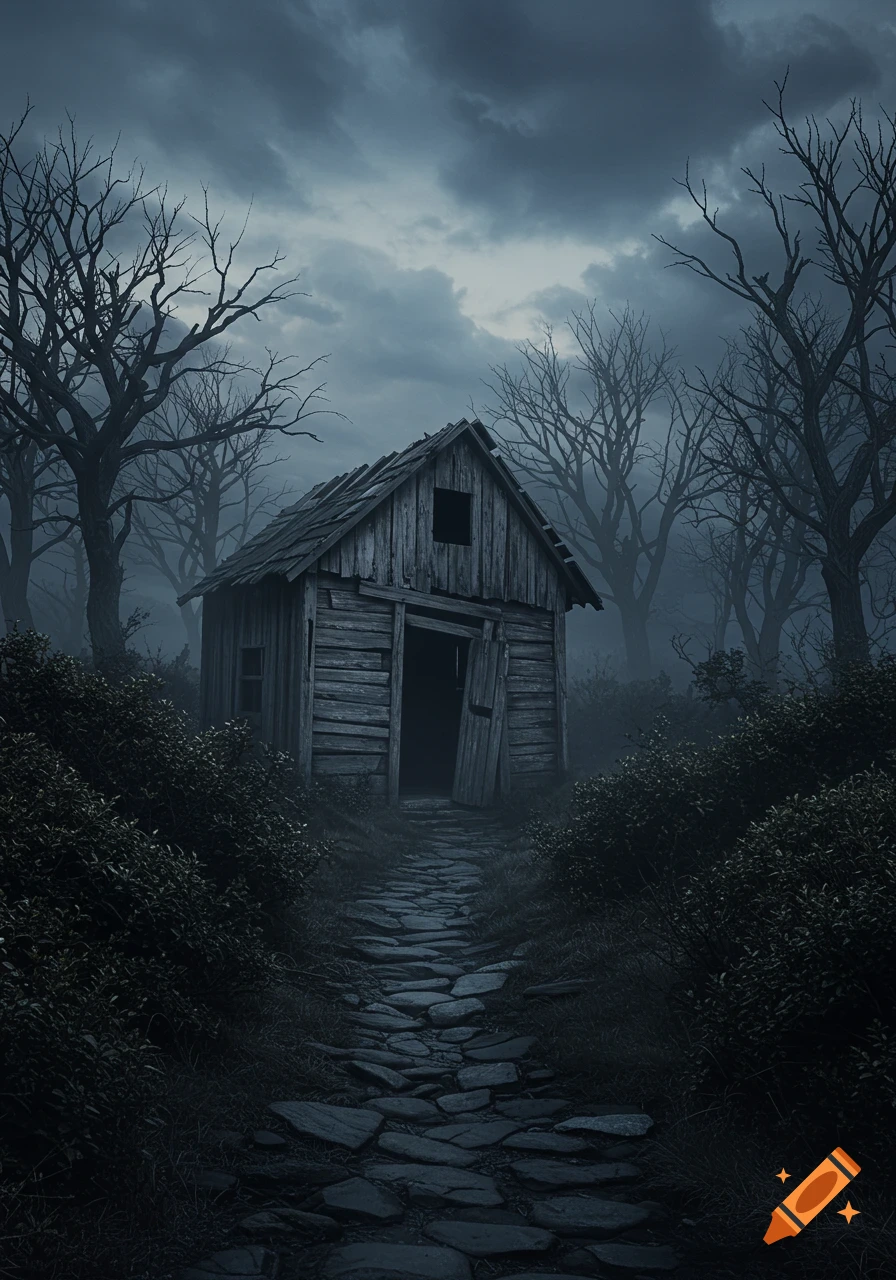 A spooky, abandoned wooden hut stands in a dark forest with bare trees and overgrown bushes, a stone path leading to its door.