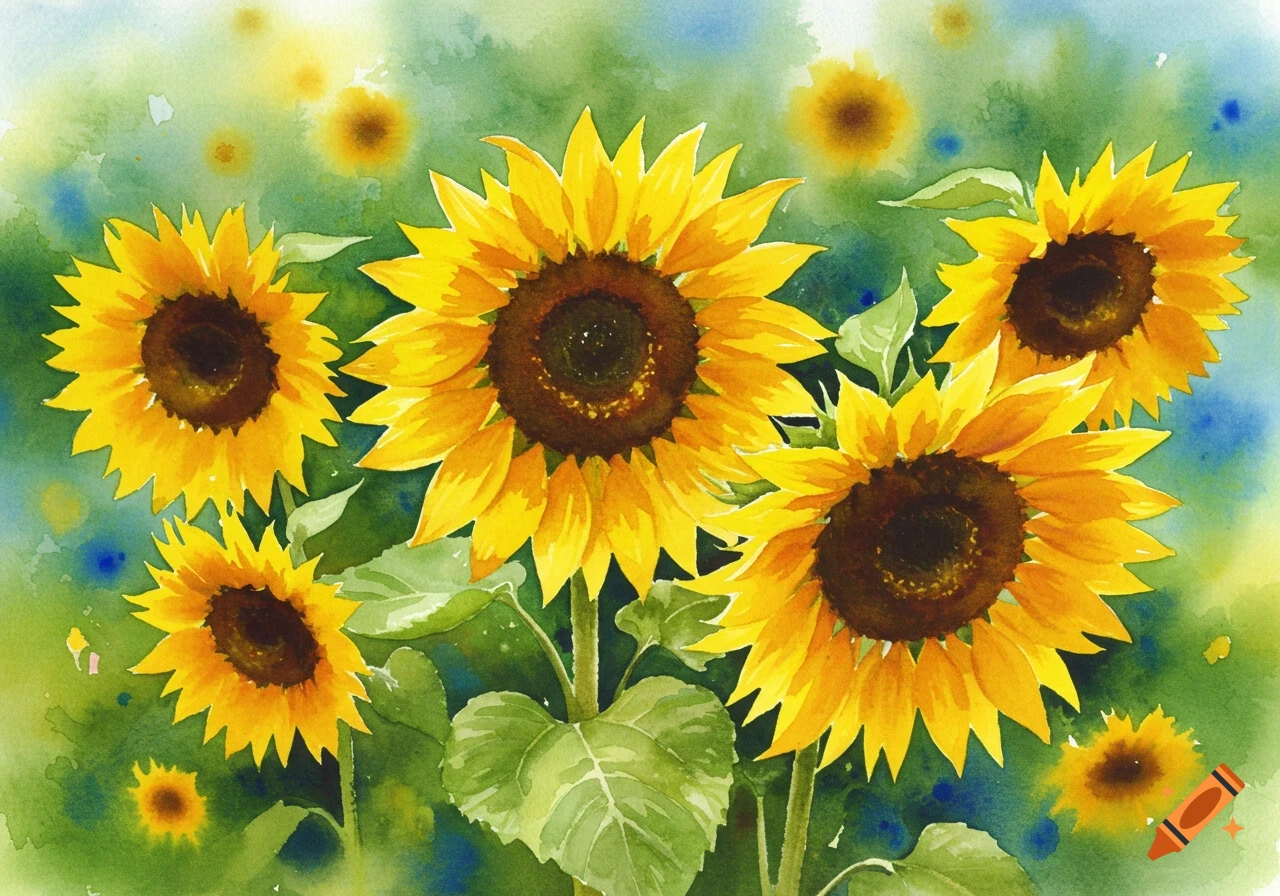 A vibrant watercolor painting of several yellow sunflowers with green leaves against a green and blue background.