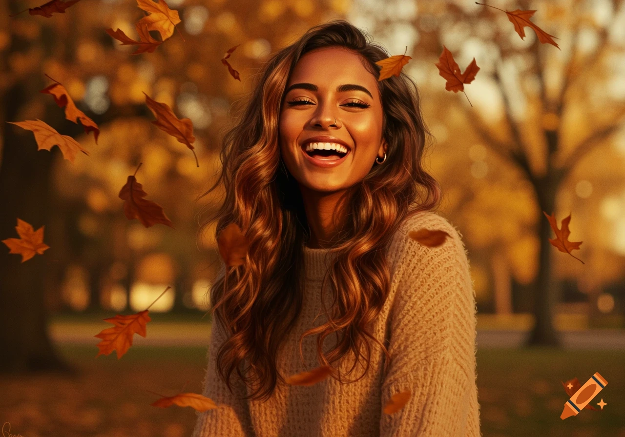 Smiling young woman with long wavy hair in a cozy sweater, surrounded by falling autumn leaves in a park, photorealistic.