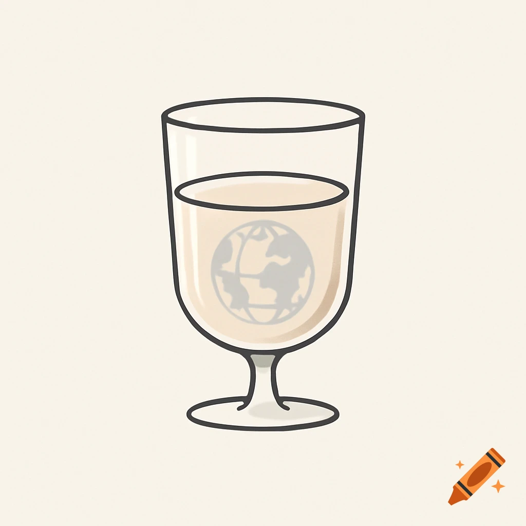 A minimalist illustration of a glass with light-colored liquid, containing a grey globe icon.
