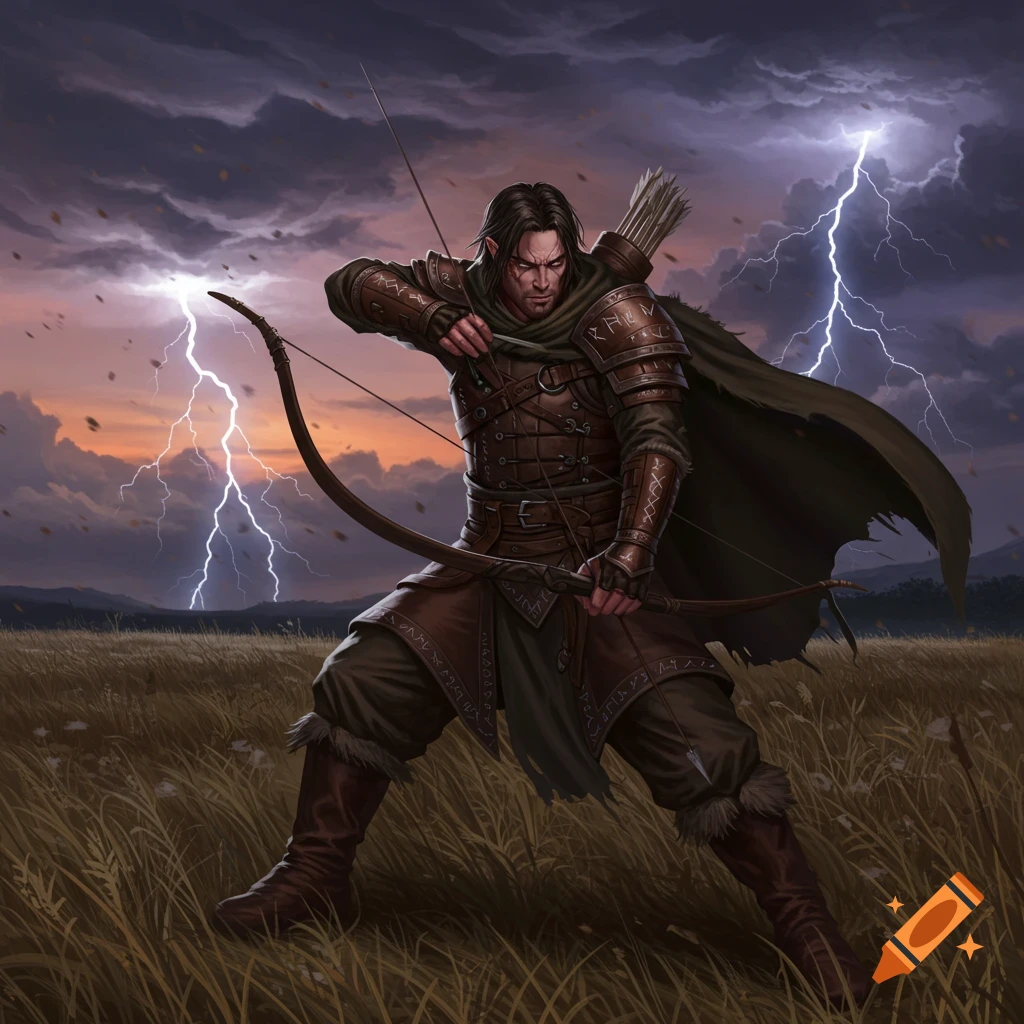 An armored male elf archer stands in a field during a thunderstorm, aiming his bow. Lightning flashes across the dark sky.