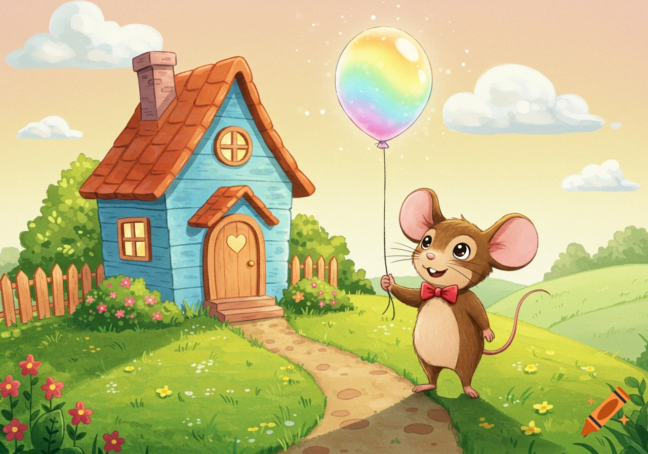 A cheerful cartoon mouse with a red bow tie holds a rainbow balloon on a path leading to a blue house in a sunny, green landscape.