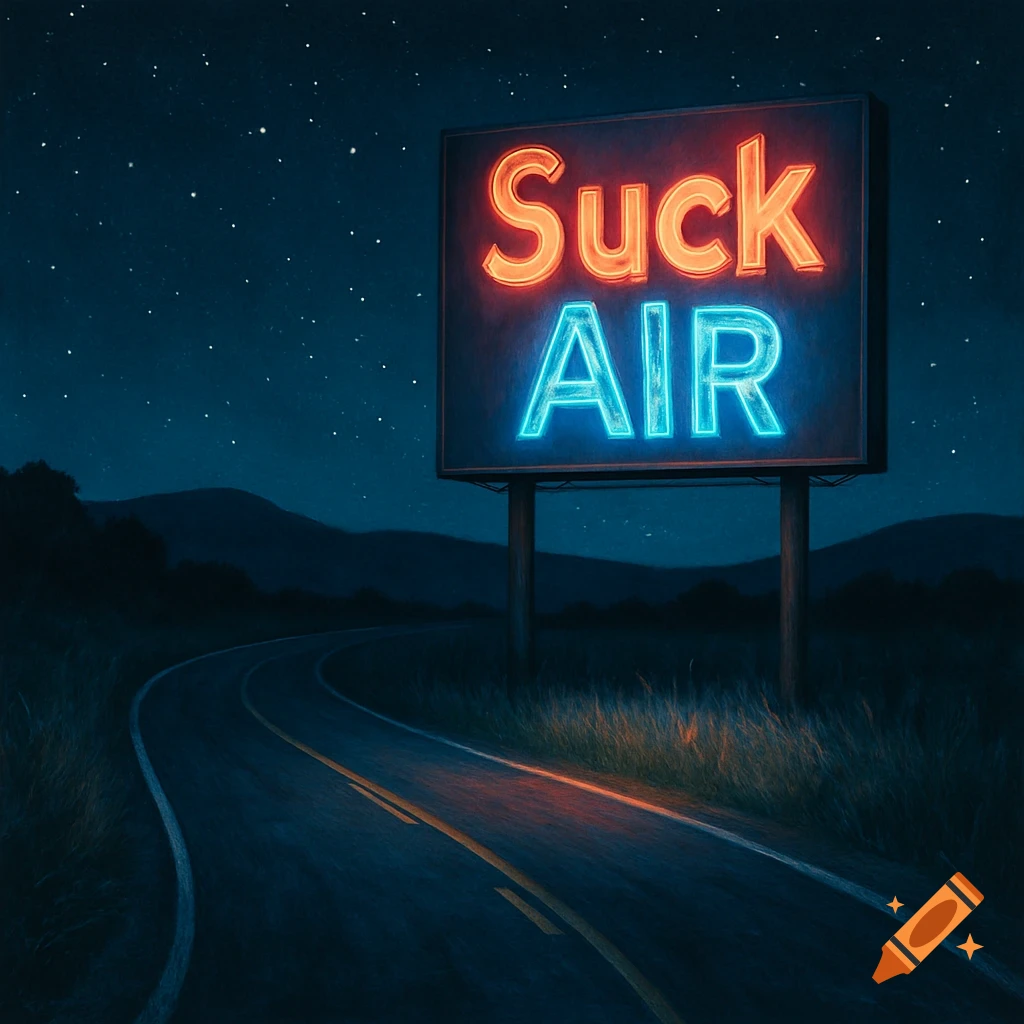 A neon billboard reading 'Suck AIR' illuminates a dark, winding country road under a starry night sky, with distant mountains.