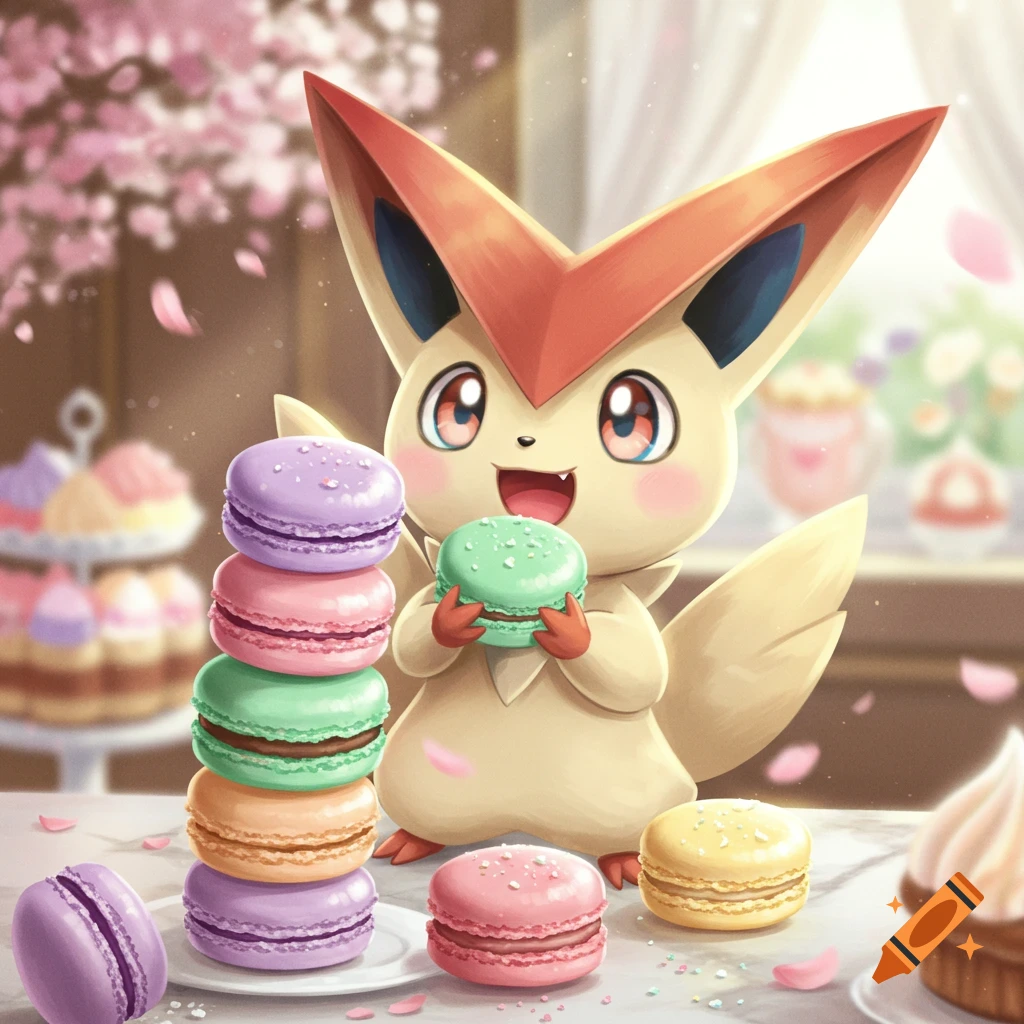 Cute illustrated Victini holding a green macaron, surrounded by a stack of colorful macarons and cherry blossoms.