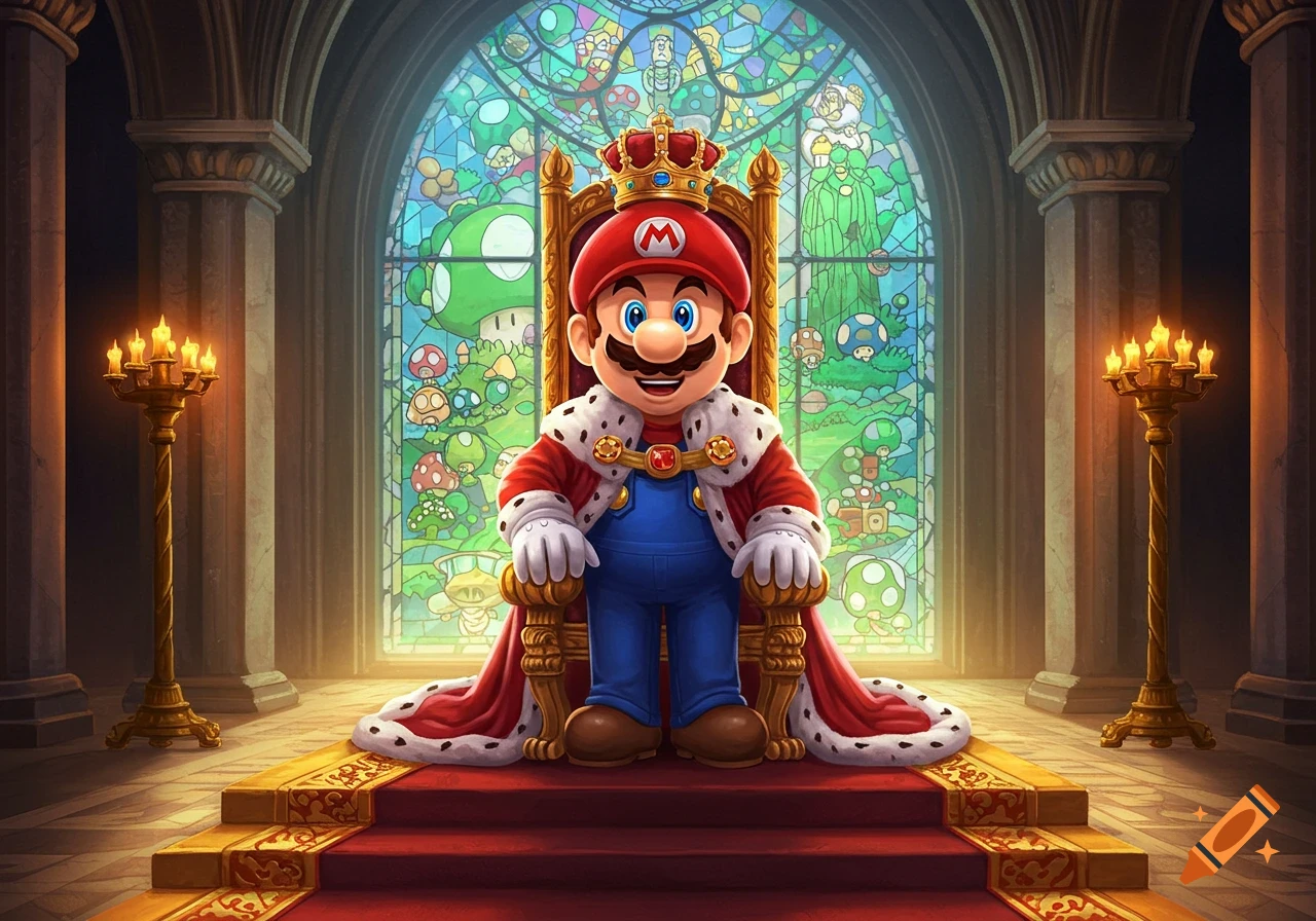 King Mario sits on a golden throne in a regal castle, a stained glass window with Super Mario elements behind him.