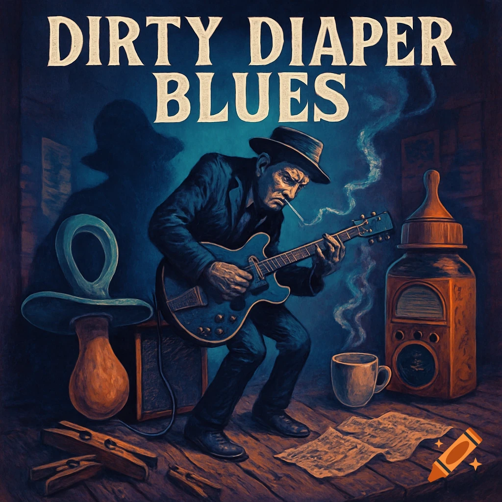 Moody illustration of a blues musician playing guitar, smoking, with a pacifier and baby bottle. Text: 'DIRTY DIAPER BLUES'.